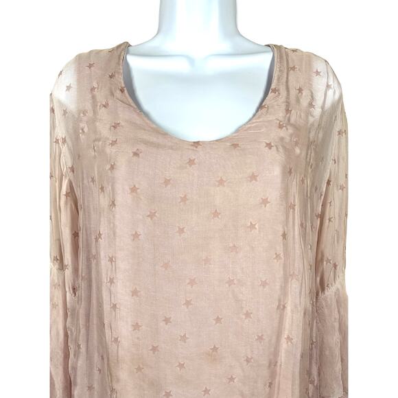 Belle France Pink Star Bell Sleeve Chiffon Silk Top Women's Large Celestial Boho - Picture 3 of 11